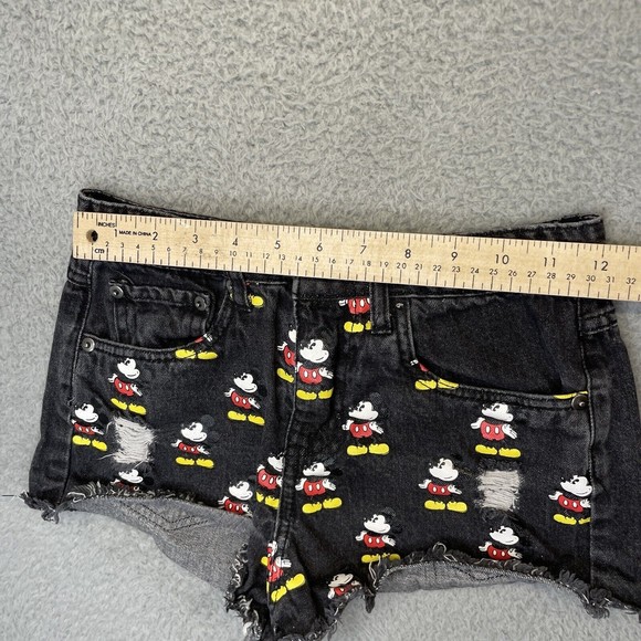 Forever 21 Mickey Mouse Denim Shorts Womens 24 Black Jean Mid Rise Very Short - Picture 6 of 14